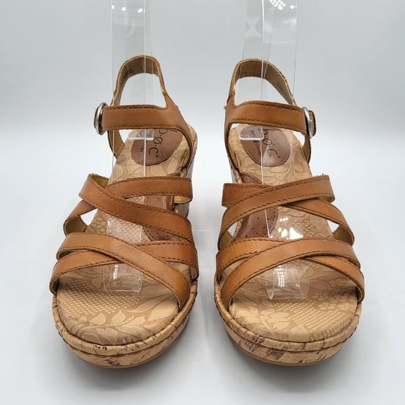 B.O.C. by Born Concept Cross Strap Tan Leather Cork Wedge Sandals SZ 6 - Picture 4 of 13